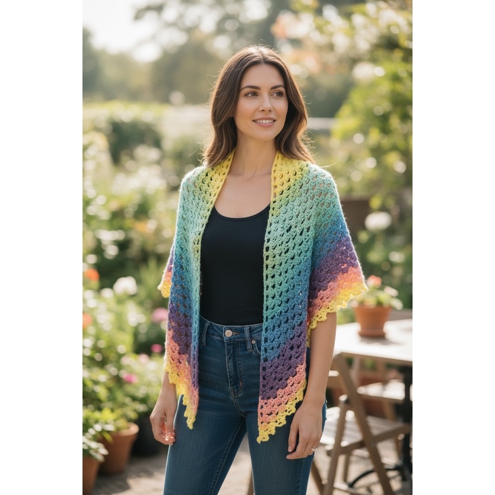 Handmade Crochet Triangle Shawl Rainbow "Nifflers"‎ Regular Sz Boho Ombre NEW